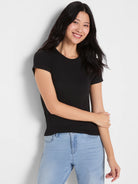 Black ribbed knit short sleeve crew neck tee, form-fitting.