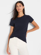 Dark navy blue, ribbed short sleeve crew neck tee.