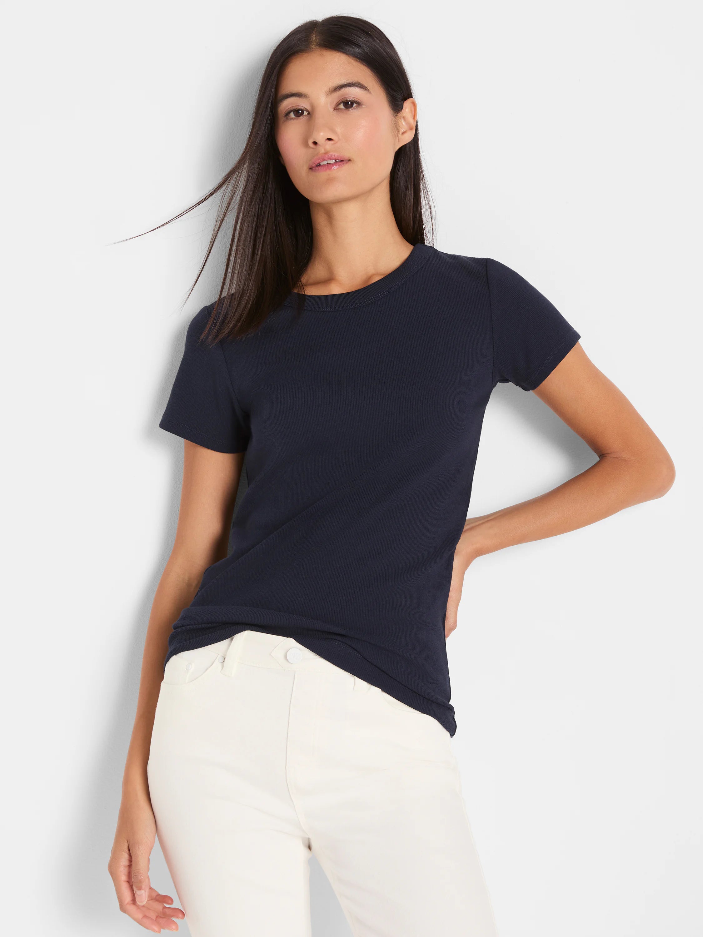 Dark navy blue, ribbed short sleeve crew neck tee.