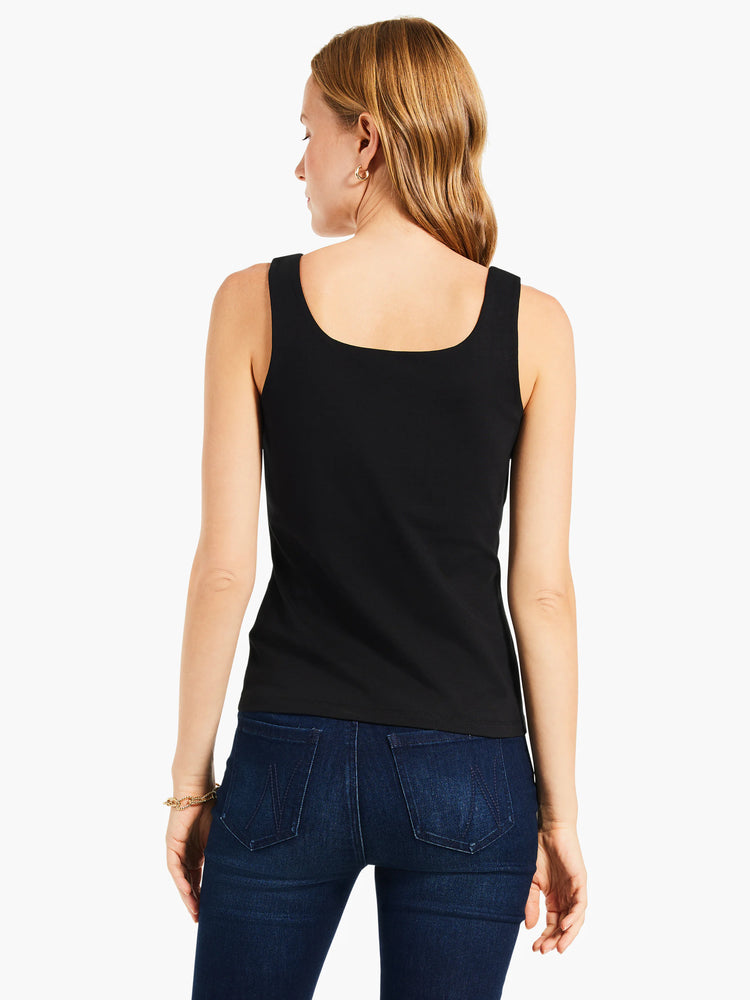 Back view of a black tank top with wide shoulder straps and a square neckline.