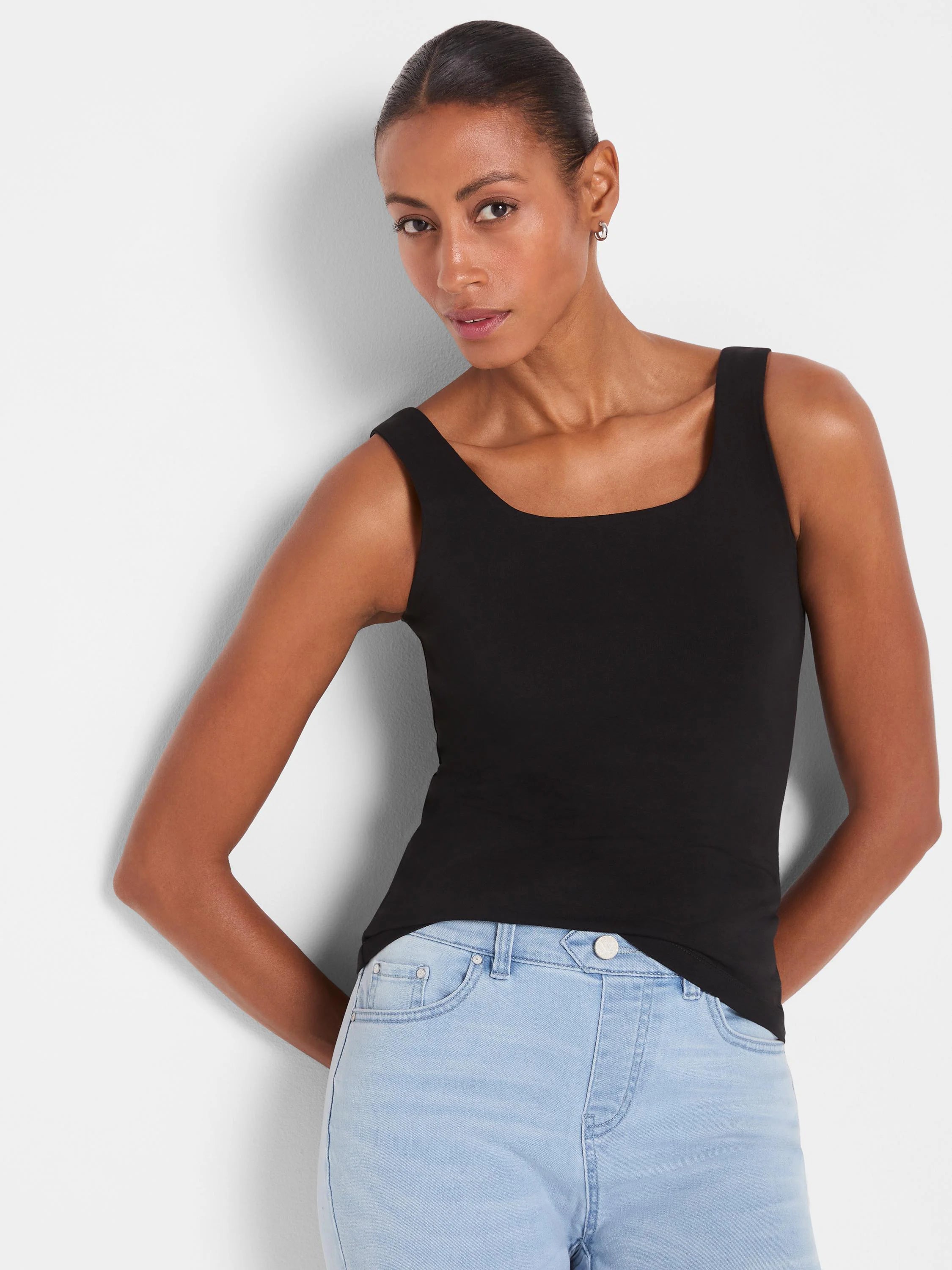 Black, fitted tank top with a square neckline and wide straps.