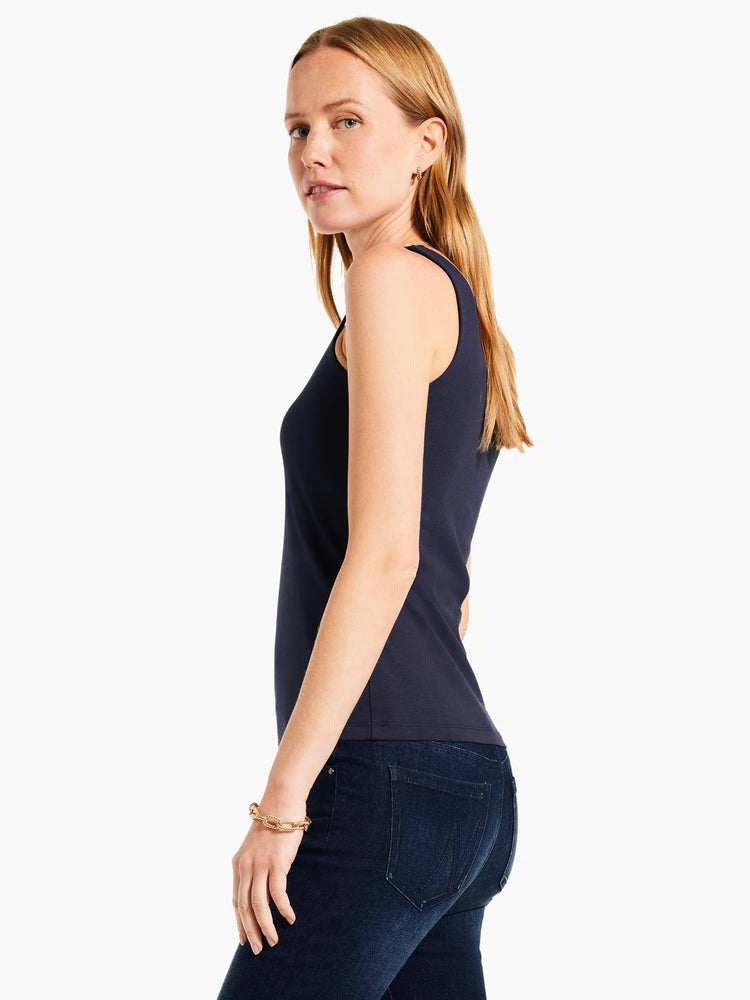 Navy blue sleeveless tank top with a simple neckline and smooth fabric.