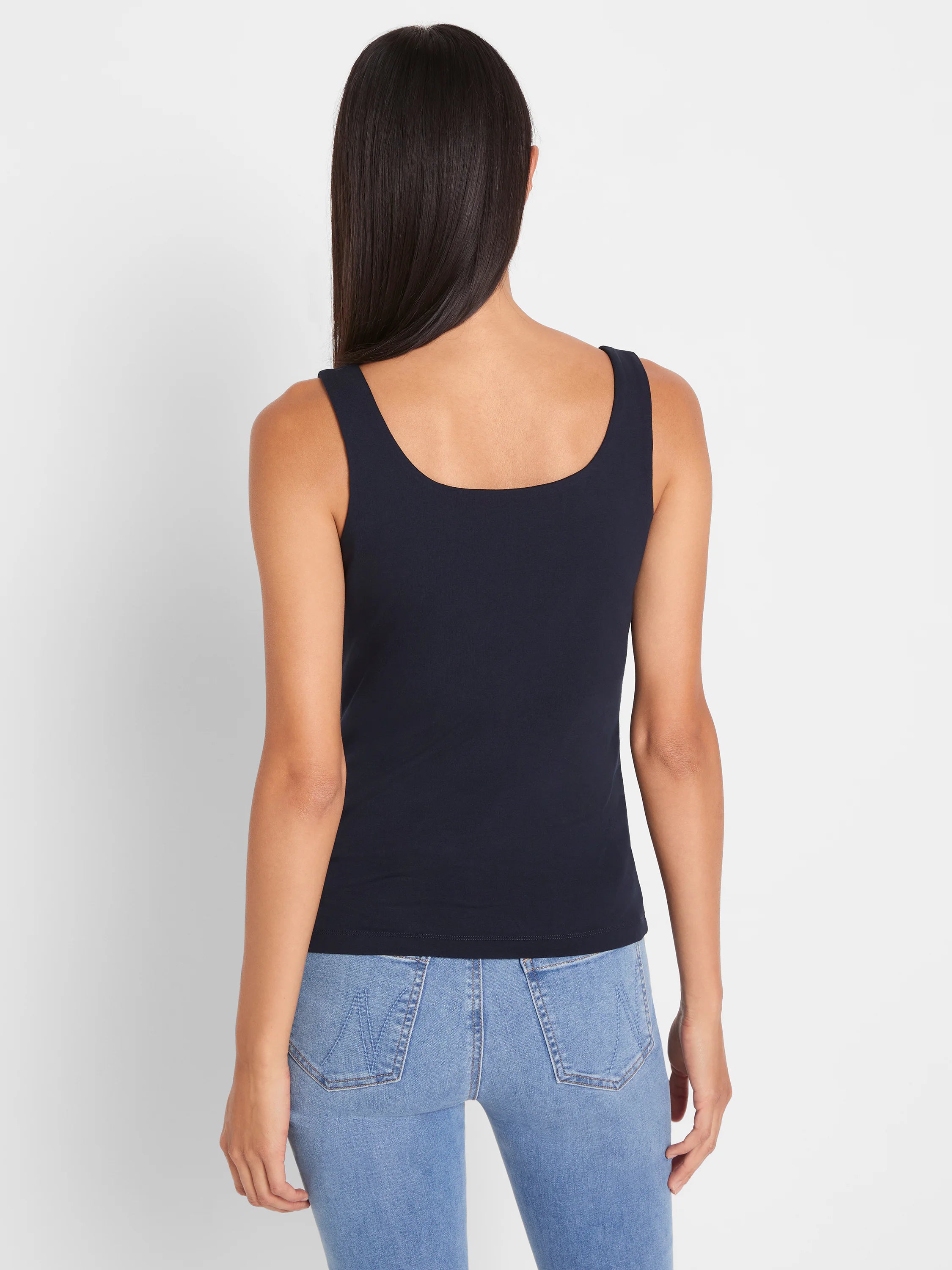 Dark navy tank top, back view, with a scoop neckline and broad straps.
