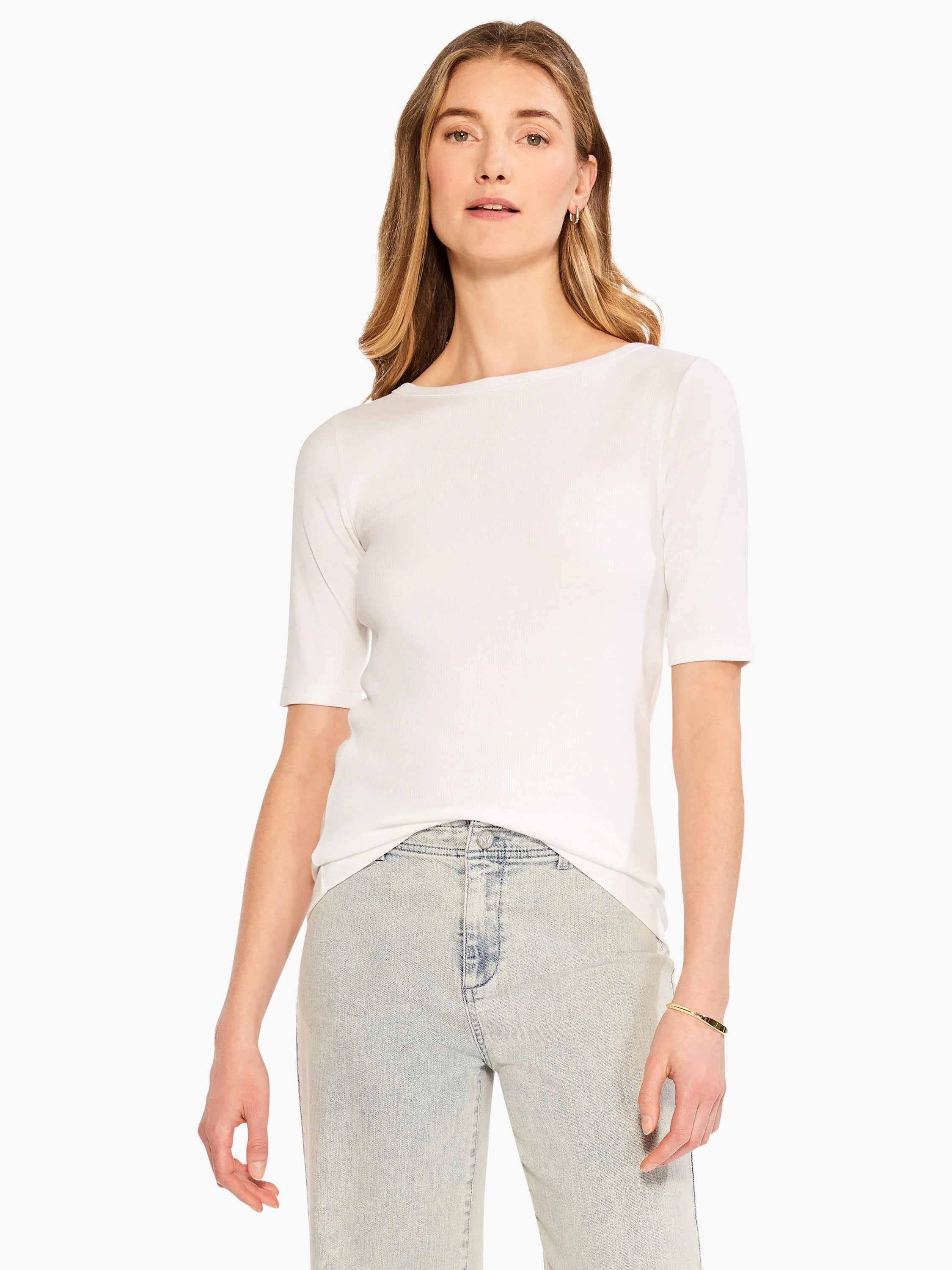 White ribbed knit tee features a boatneck neckline and elbow-length sleeves.
