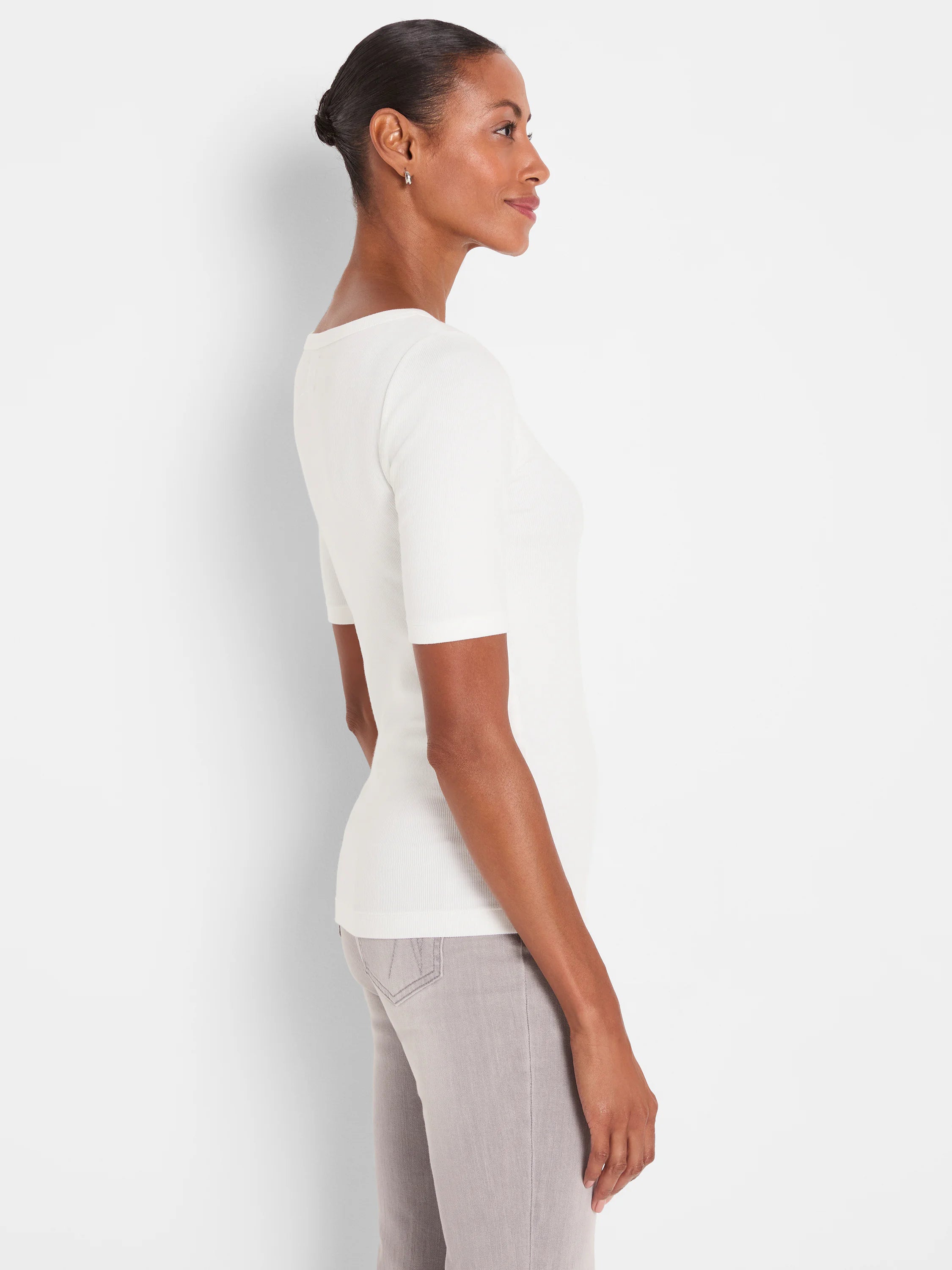 Off-white ribbed boatneck tee with elbow sleeves, fitted.