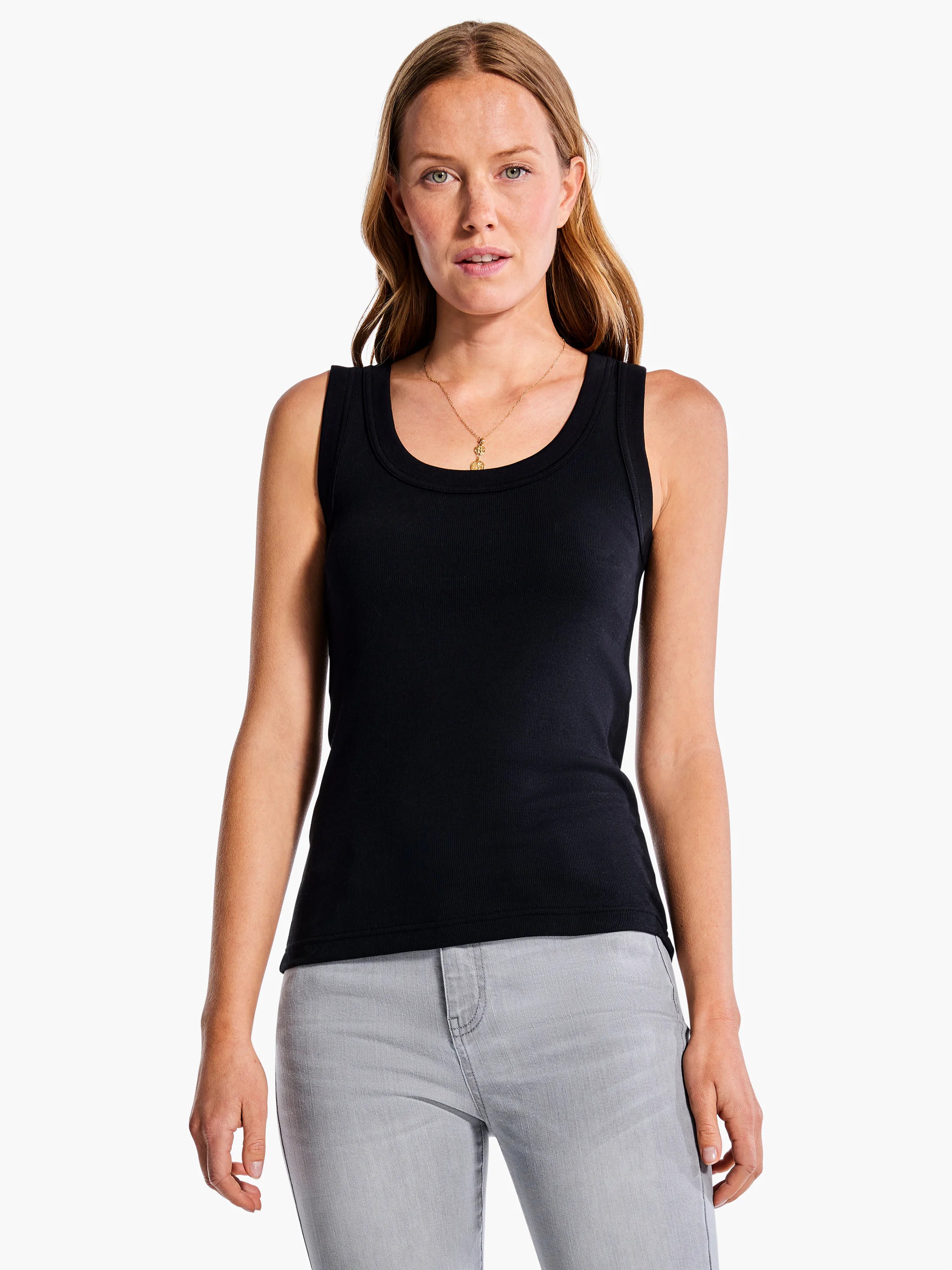 Black ribbed knit scoop neck tank top.