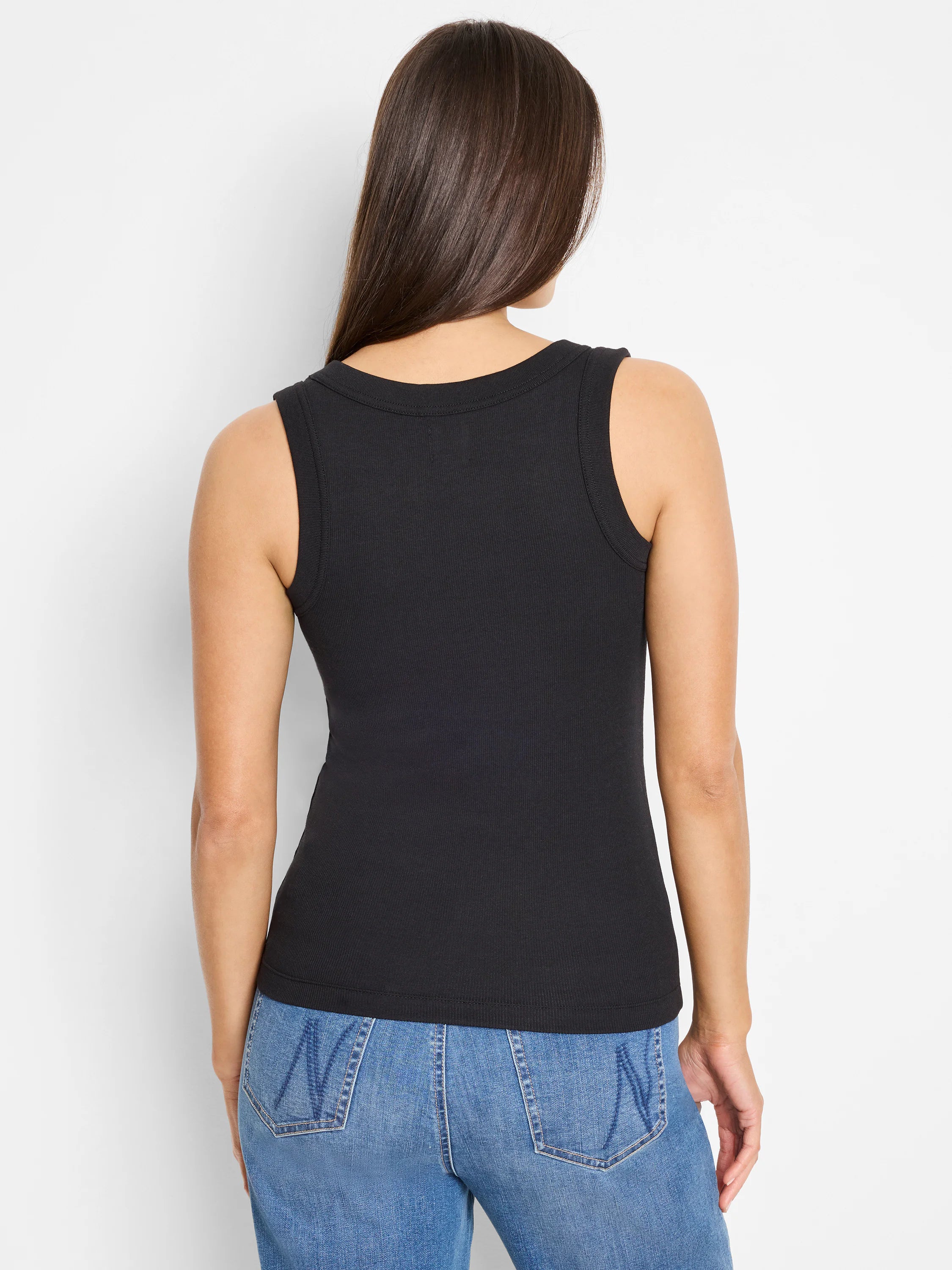 Black ribbed knit tank top. Fitted, with a rounded back neckline.