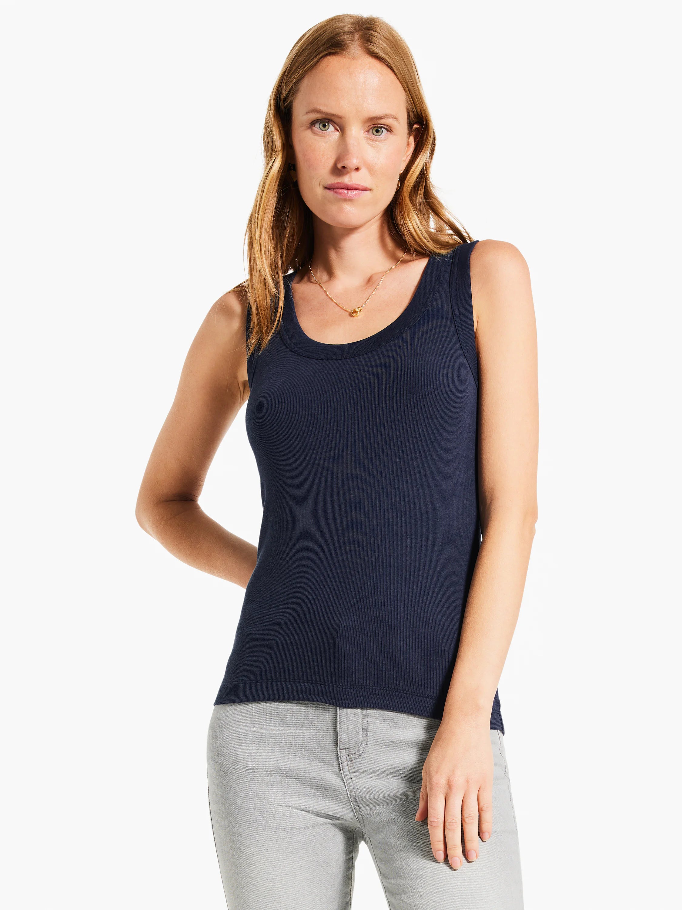 Navy ribbed knit scoop neck tank top.