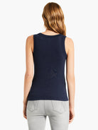 Navy blue ribbed knit scoop tank, back view on a model.