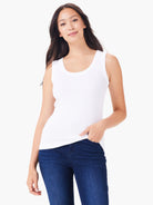 White rib-knit scoop neck tank top.