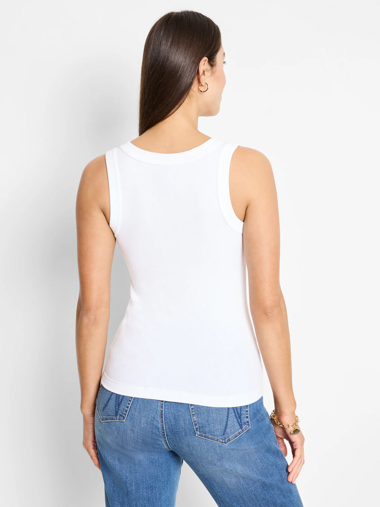 White ribbed scoop tank top, seen from the back on a model. Displays clear vertical ribbing and a rounded back neckline.