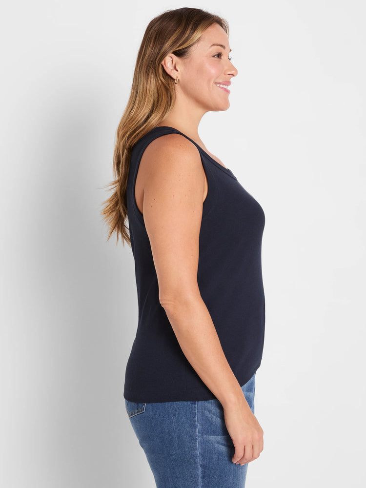 Navy blue ribbed knit scoop tank top.