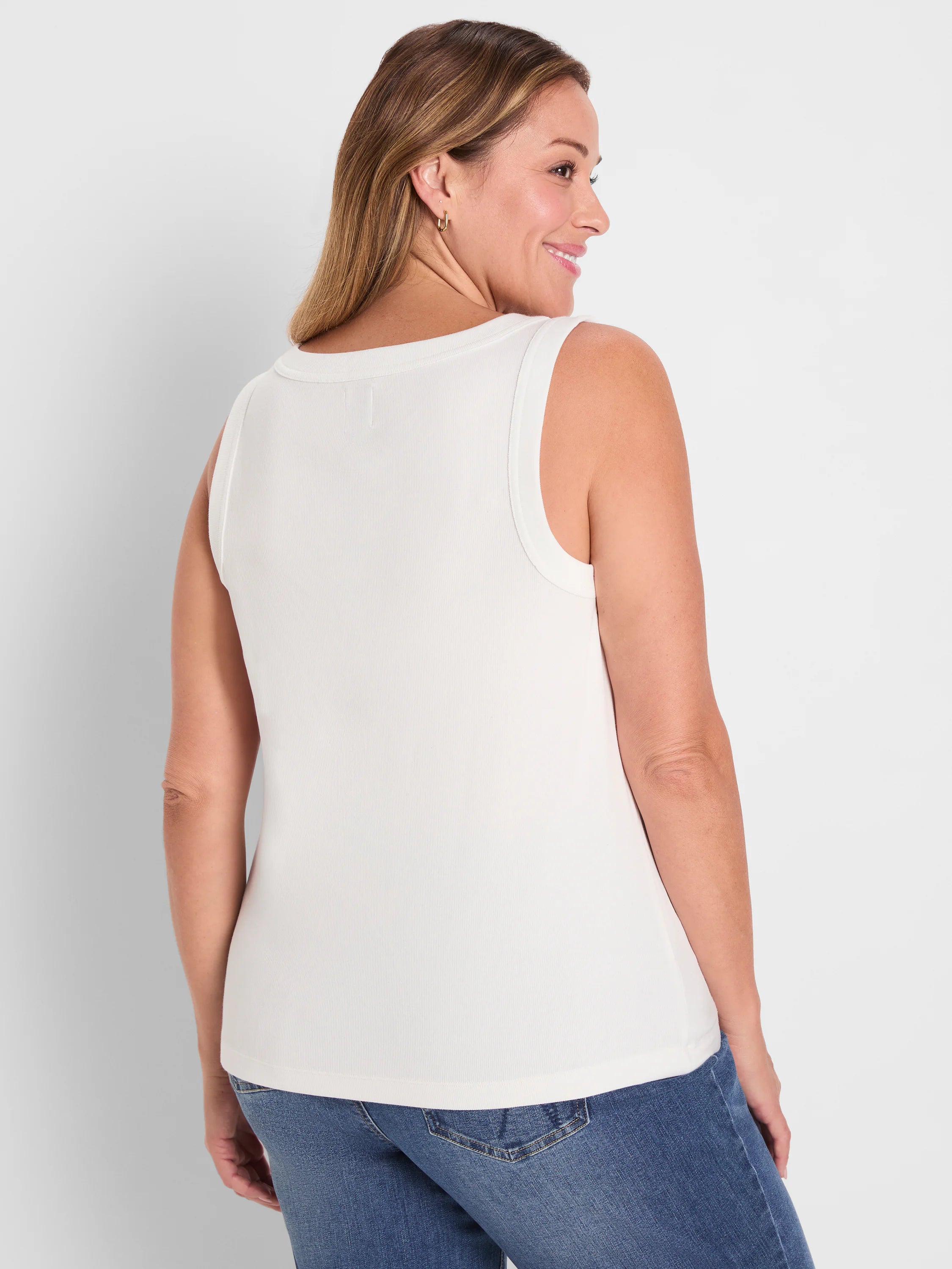 Off-white rib knit tank top with a round back neckline.