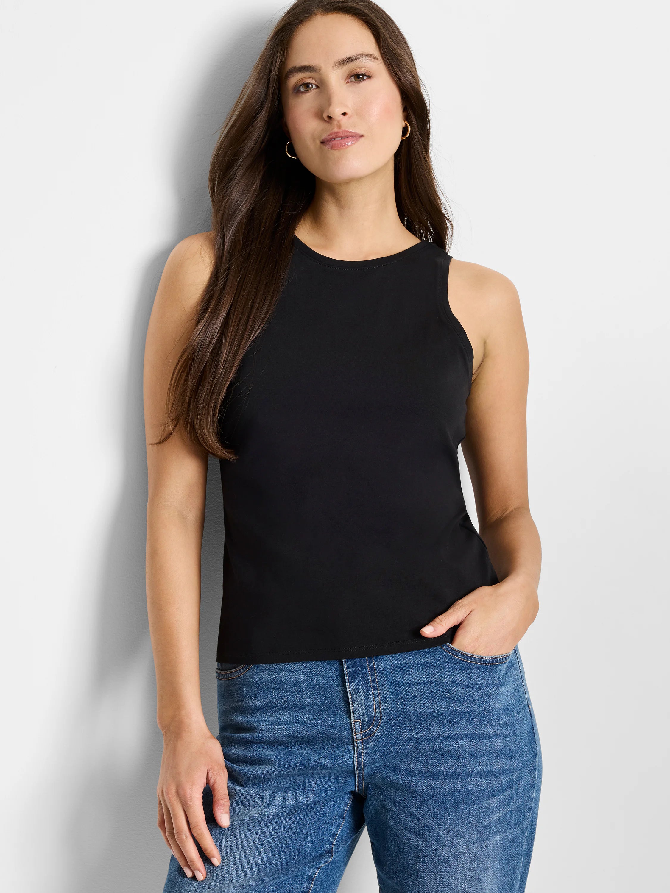 Black fitted tank top with a high rounded neck and sleeveless cut.