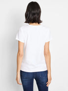 White knit crew neck t-shirt with short sleeves, back view on a model.