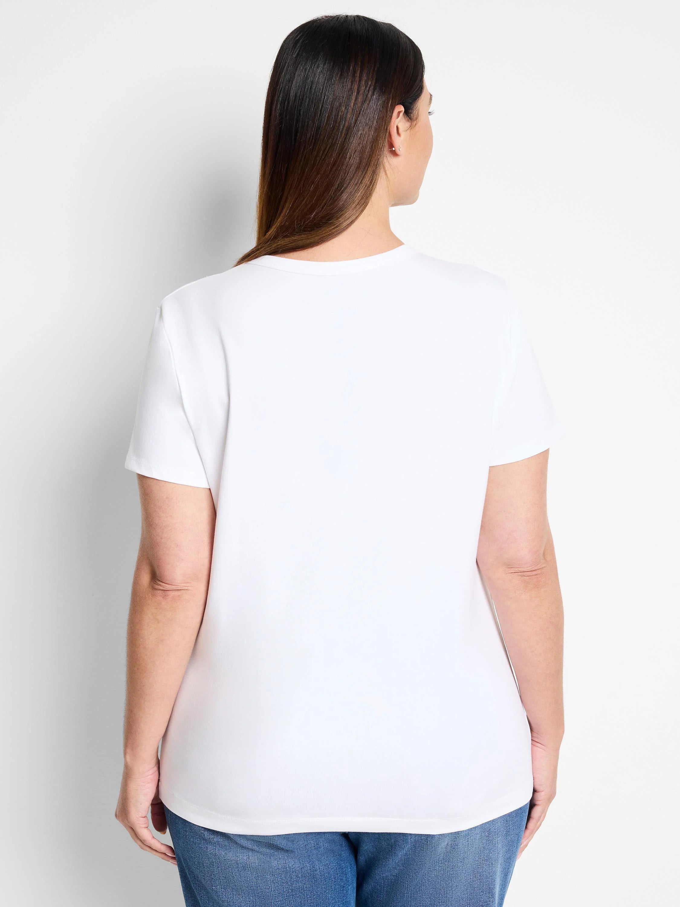 White crew neck t-shirt with short sleeves on a woman, back view.