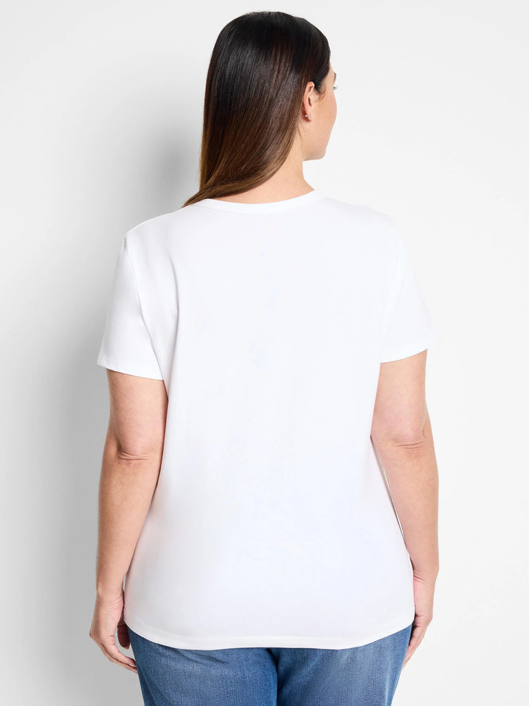 White crew neck t-shirt with short sleeves on a woman, back view.