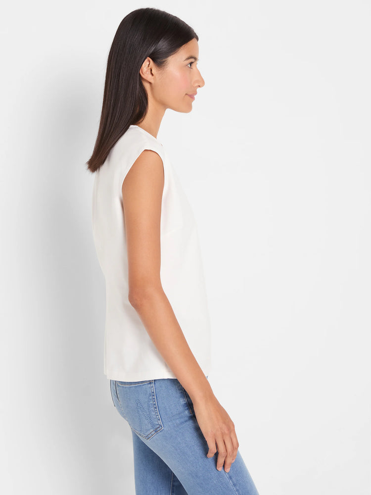 White V-neck top with cap sleeves, worn by a model in profile.