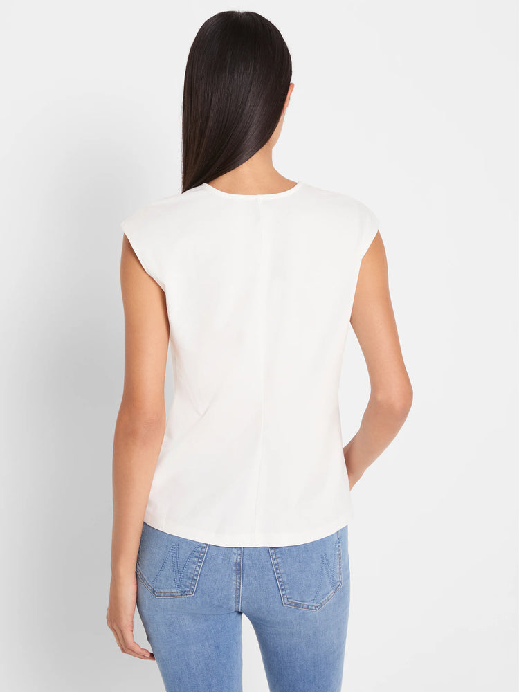 Off-white cap-sleeve top, back view. Features a round neck and a subtle center back seam.