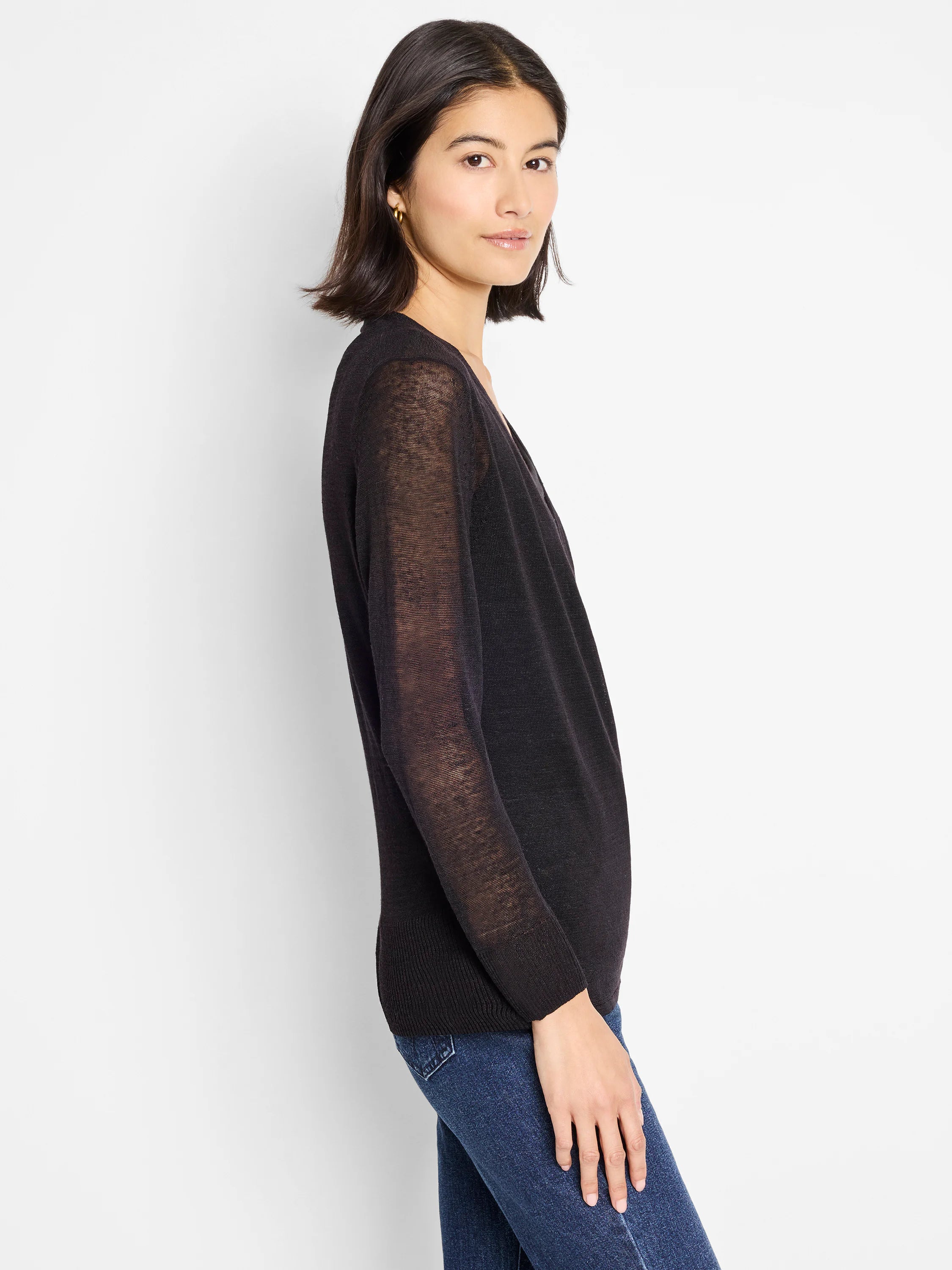 Dark charcoal lightweight open cardigan with long, sheer sleeves and ribbed cuffs.