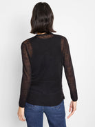 Black lightweight cardigan. Model wearing it from behind, revealing long, sheer sleeves & a sheer upper back.