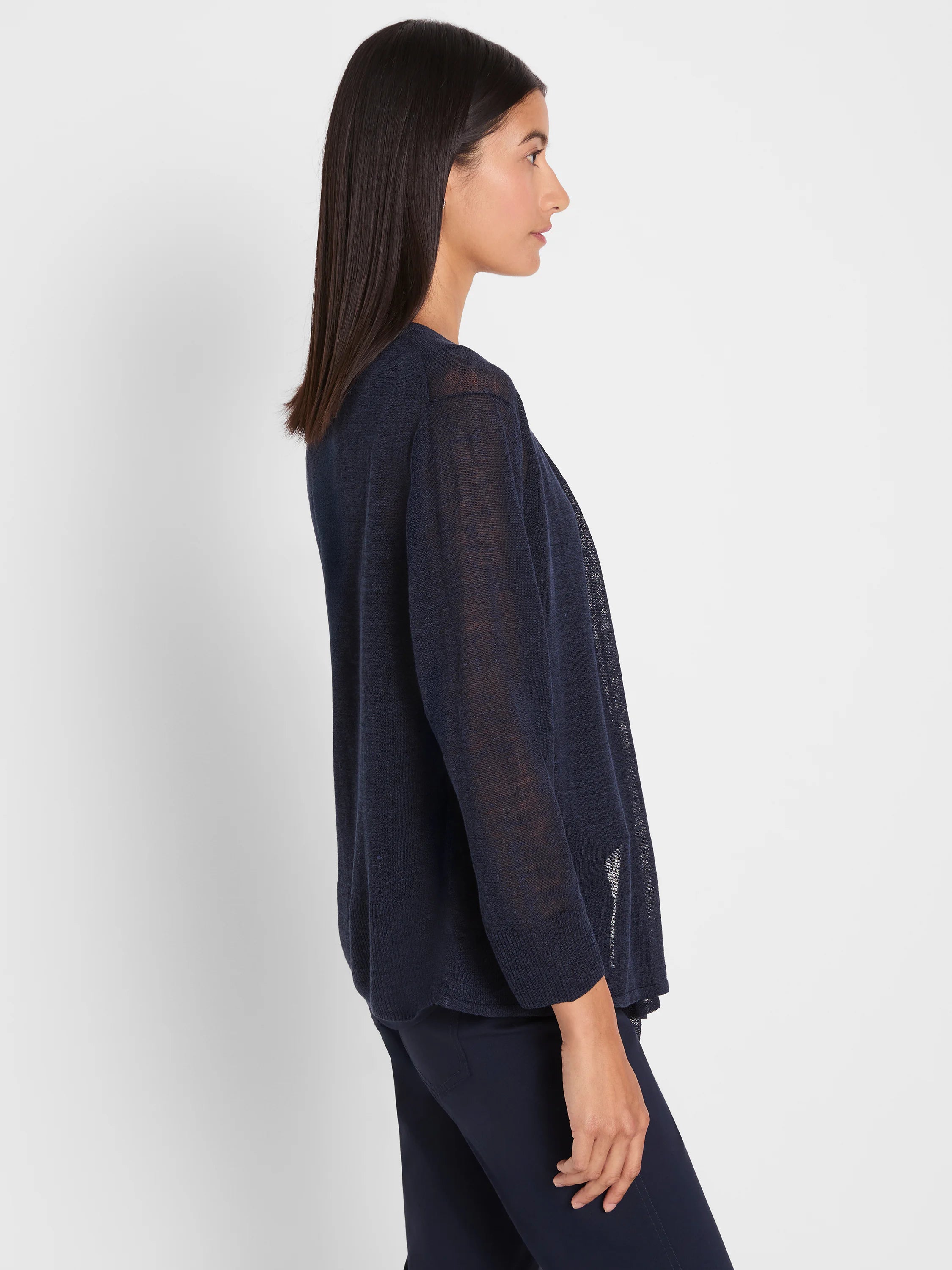 Navy open-front cardigan with 3/4 sleeves. Features a lightweight, sheer knit texture.