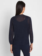 Dark navy lightweight cardigan, sheer, with long sleeves and ribbed cuffs and hem.