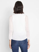 White sheer knit cardigan with ribbed cuffs and hem, viewed from the back.