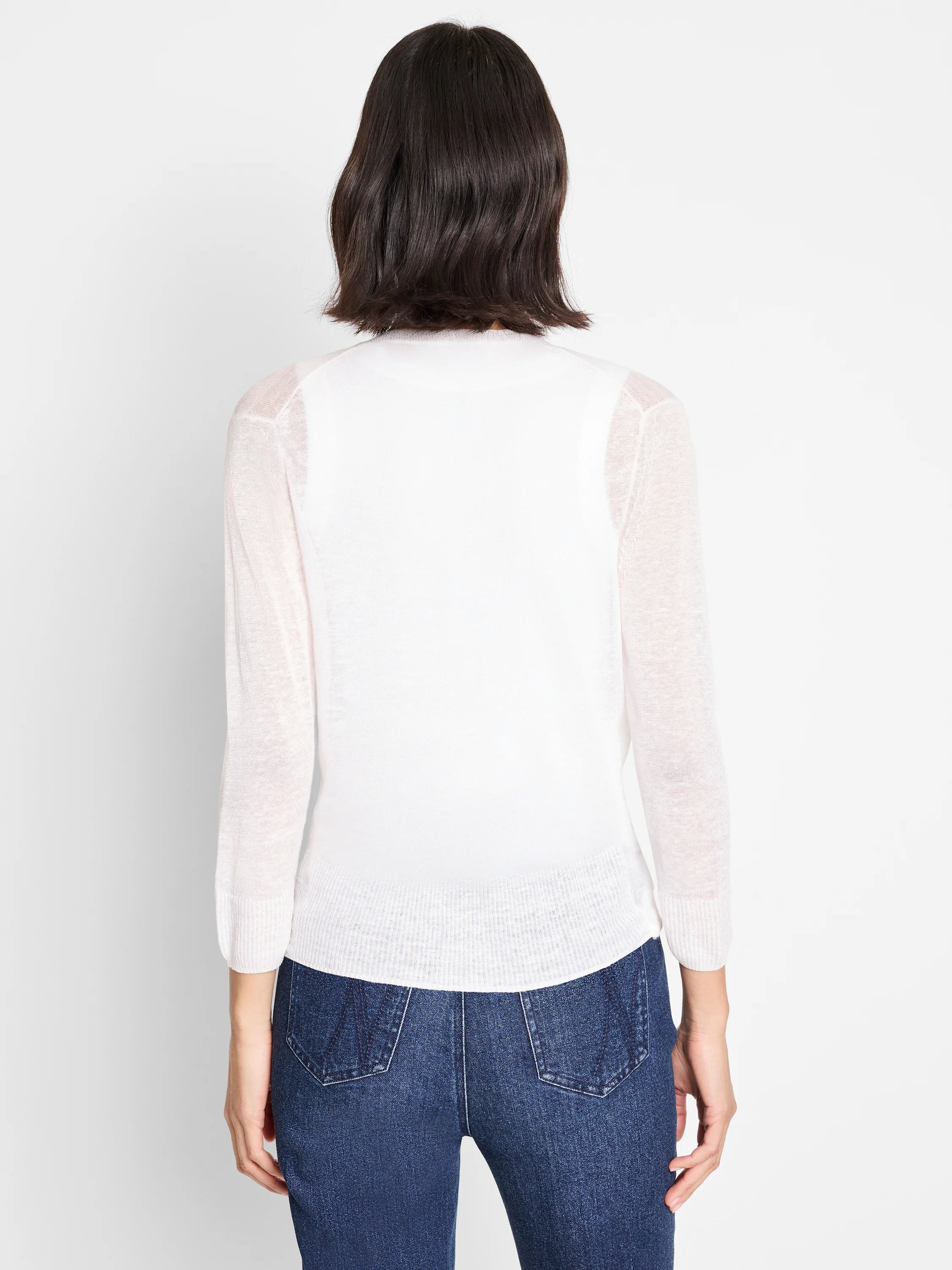 White sheer knit cardigan with ribbed cuffs and hem, viewed from the back.