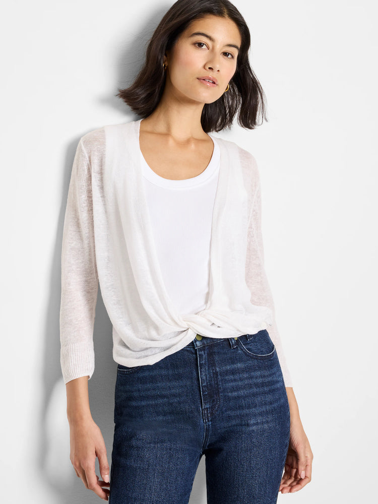 Off-white, lightweight, semi-sheer cardigan with long sleeves and ribbed cuffs, tied in a knot at the waist.