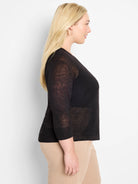 Black sheer lightweight cardigan with 3/4 length sleeves and ribbed cuffs on a model.