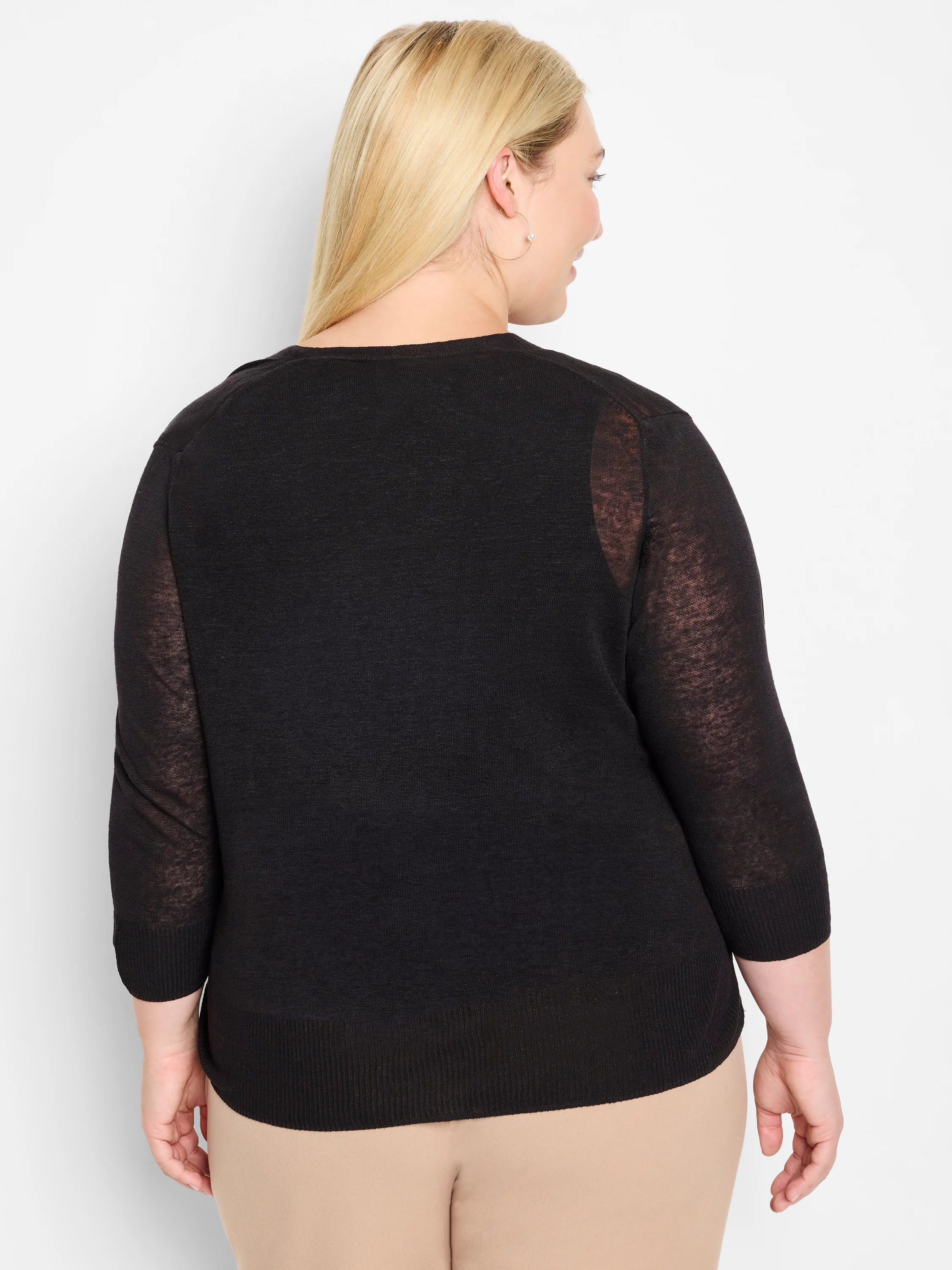 Black sheer knit cardigan on a model, viewed from the back. Features 3/4 sleeves and ribbed cuffs/hem.