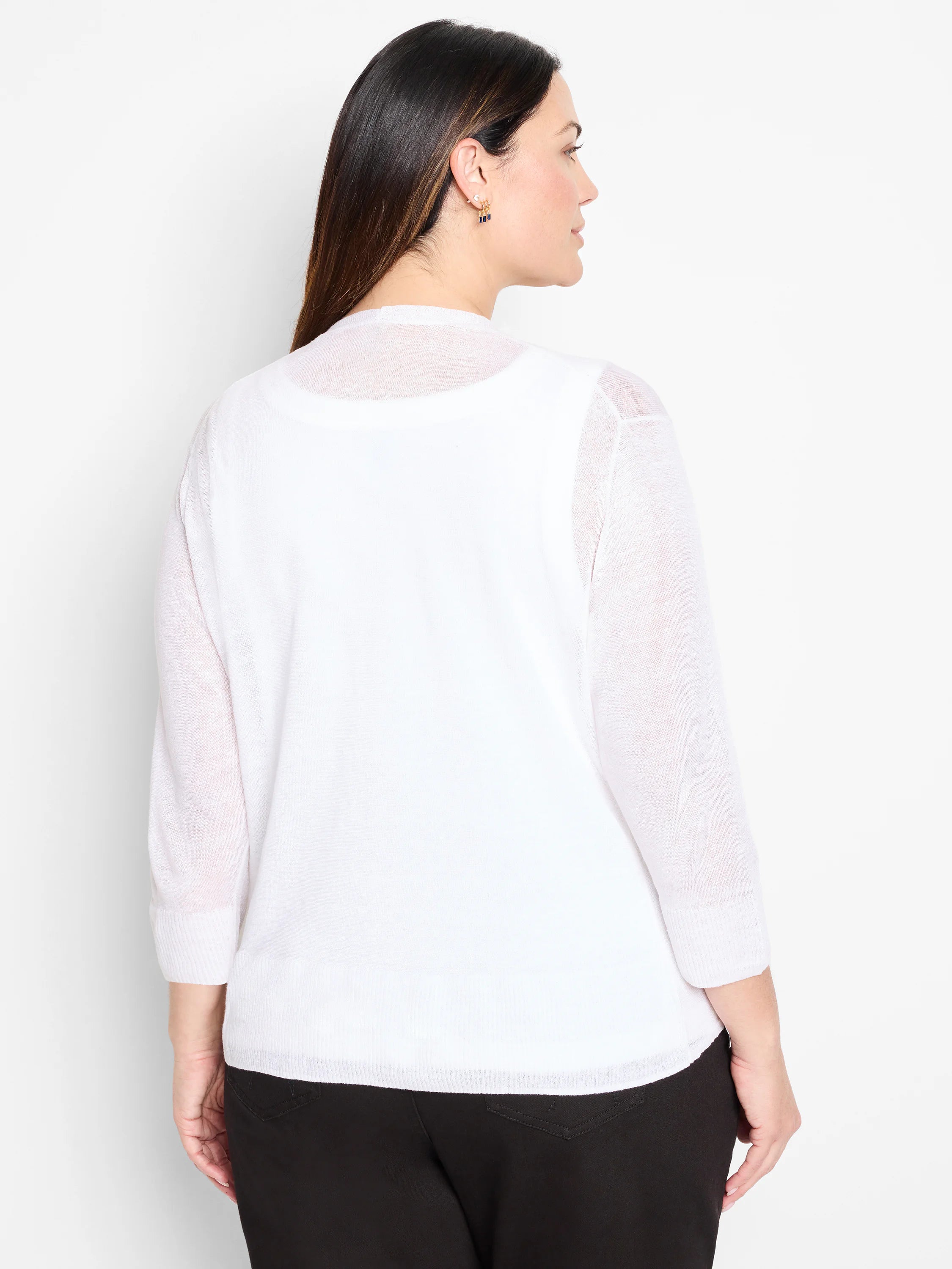 White, sheer, 3/4-sleeve cardigan with ribbed cuffs and hem, viewed from the back.