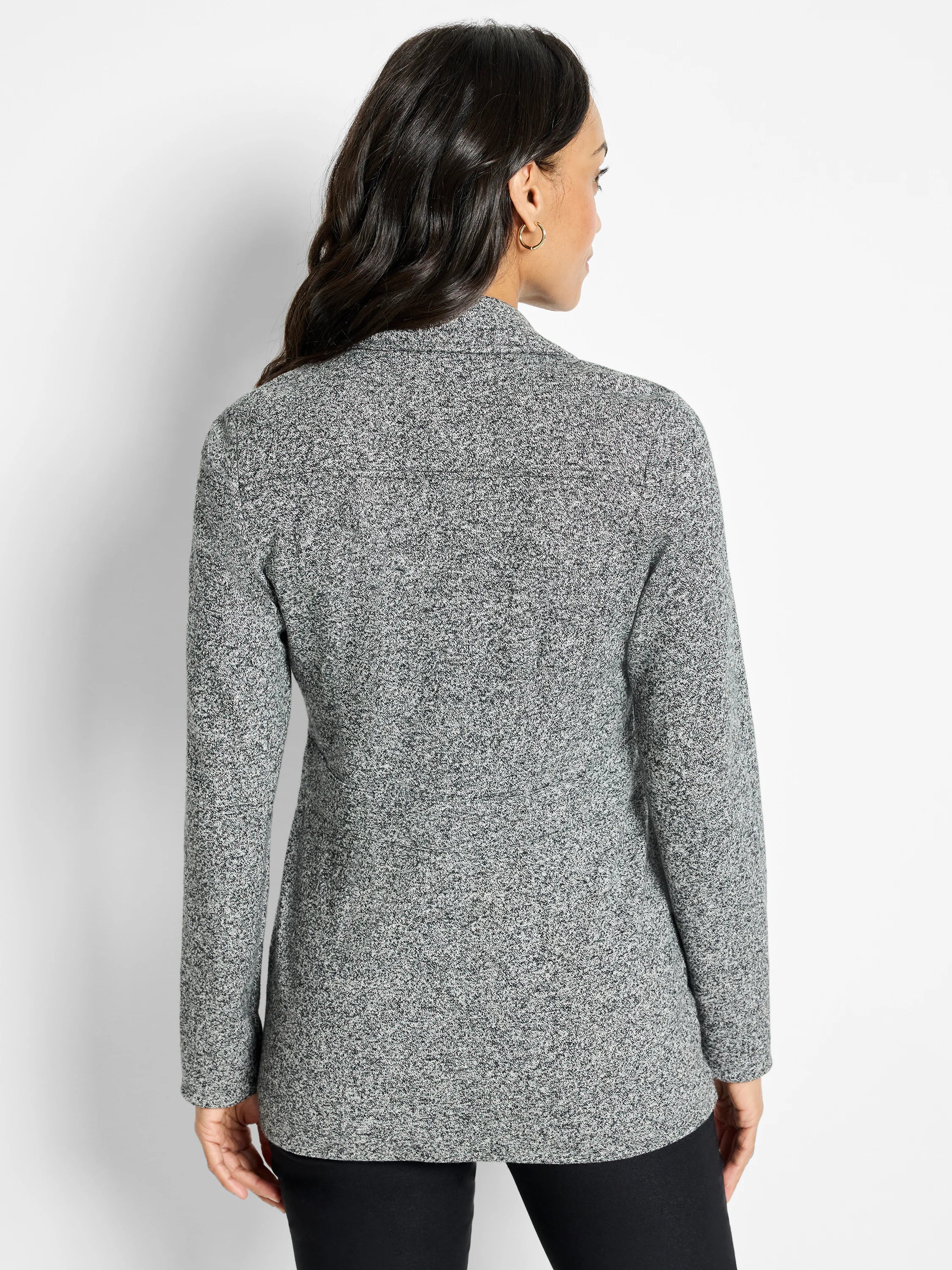 Grey marled knit blazer, rear view. Speckled texture, long sleeves, and a visible collar.