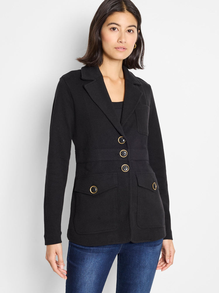 Black knit blazer with lapels, gold-rimmed black buttons on the front, and two patch pockets.