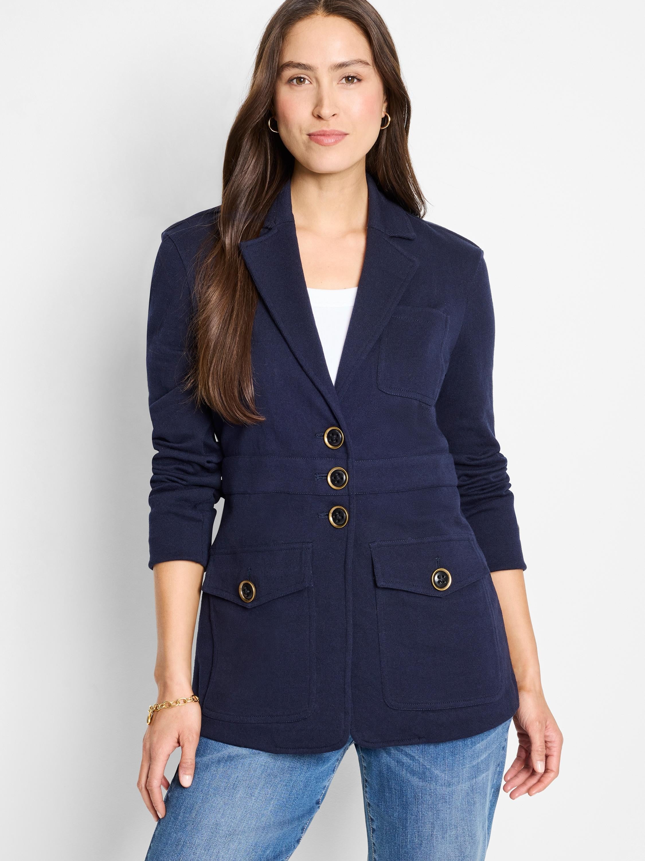 Navy knit blazer with lapels, three gold-rimmed buttons for closure, and two buttoned patch pockets.