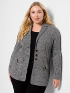Grey marl knit blazer with lapel collar, black and gold buttons, and flap pockets.