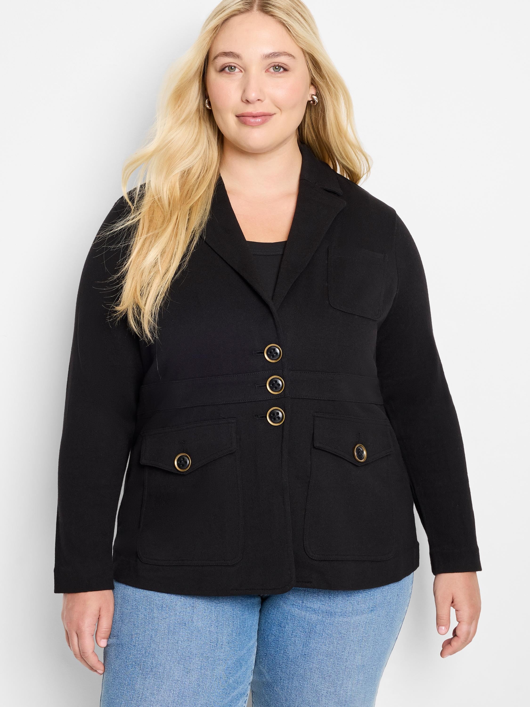 Black knit blazer with lapels. Features 3 gold-accented buttons, 2 chest pockets, & 2 lower flap pockets.