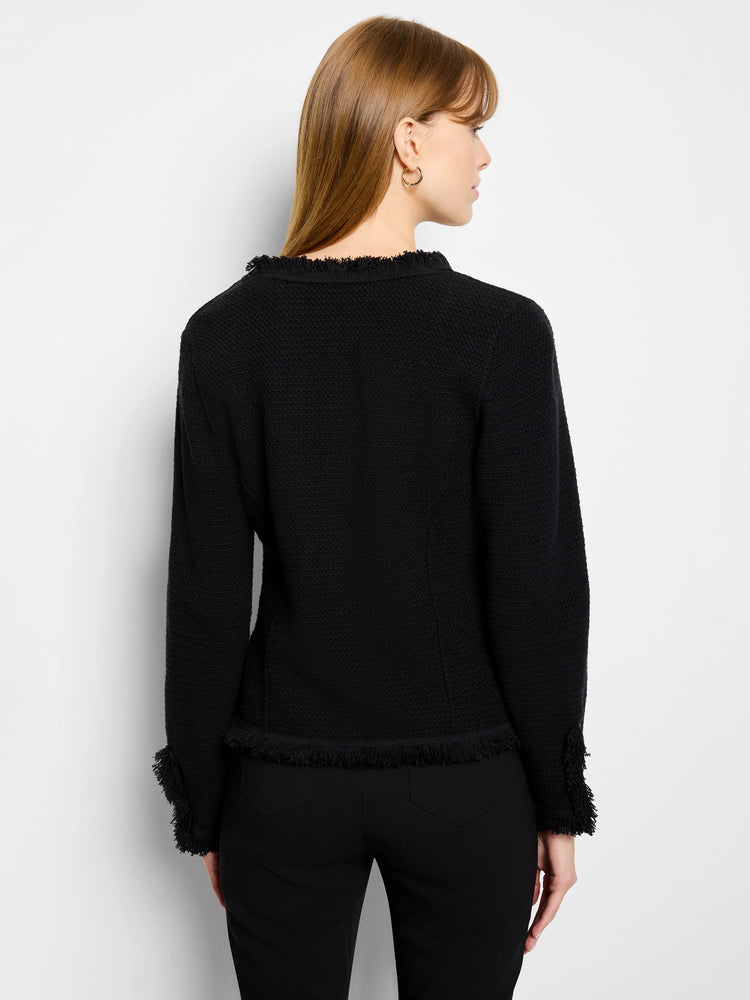 Black knit jacket with fringe along neckline and cuffs, back view.