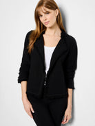 Black knit jacket with fringe trim along the collar, front opening, and cuffs.