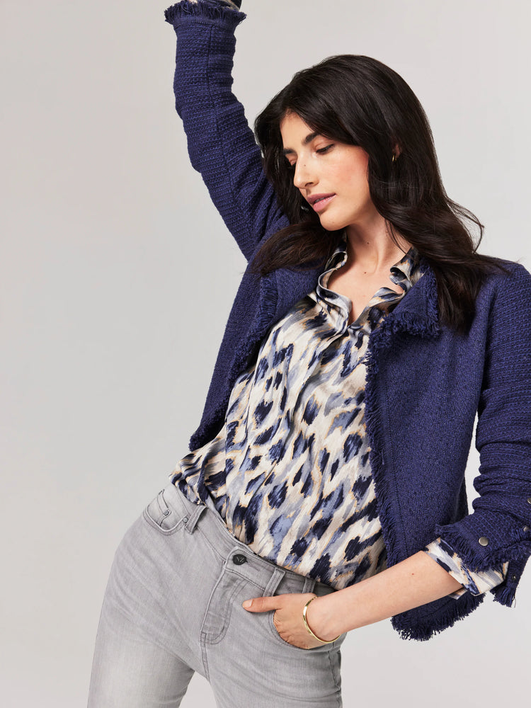 Dark blue mix knit jacket with fringe trim along the collar, front opening, and cuffs.