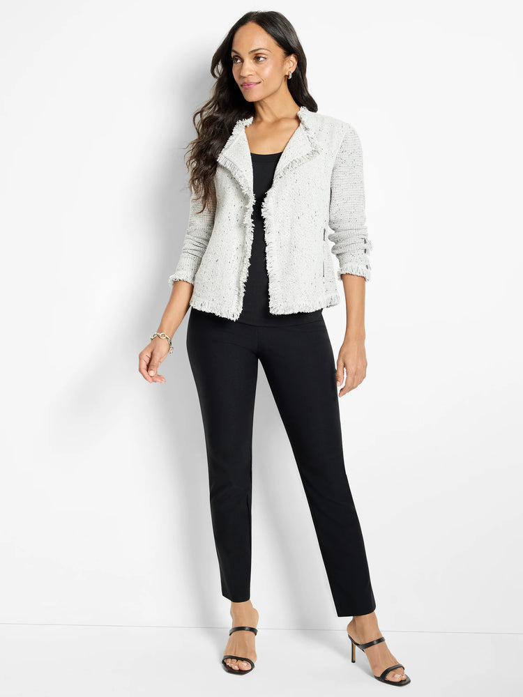 Pale grey speckled knit jacket with fringe trim on collar, front opening, hem, and 3/4 cuffs.