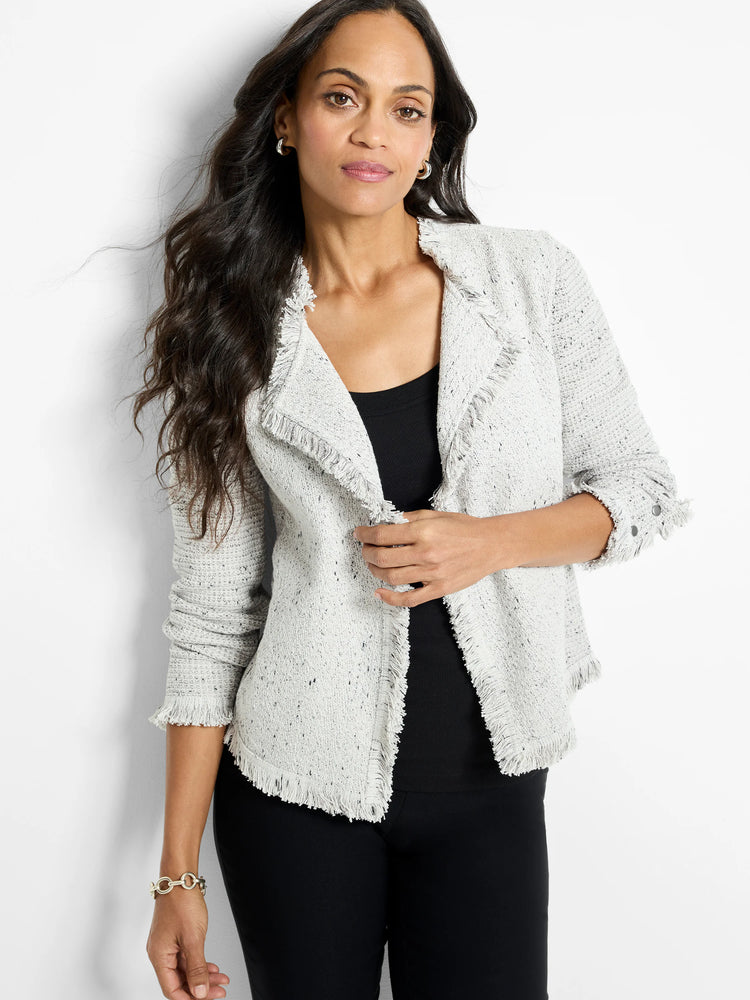 Light gray mixed knit jacket with dark flecks, featuring prominent fringe along all edges. Open-front style.