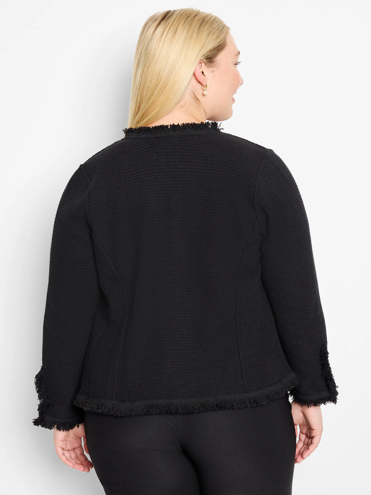 Black mix knit jacket with fringe detail at the collar, cuffs, and hem.