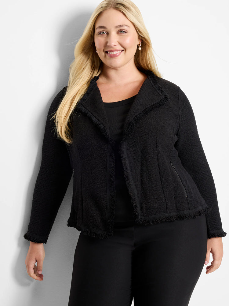 Black knit jacket with fringe along lapels, open front, hem, and cuffs.