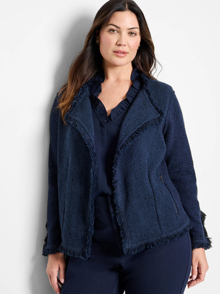 Navy textured knit jacket with fringe on the front edges and cuffs.