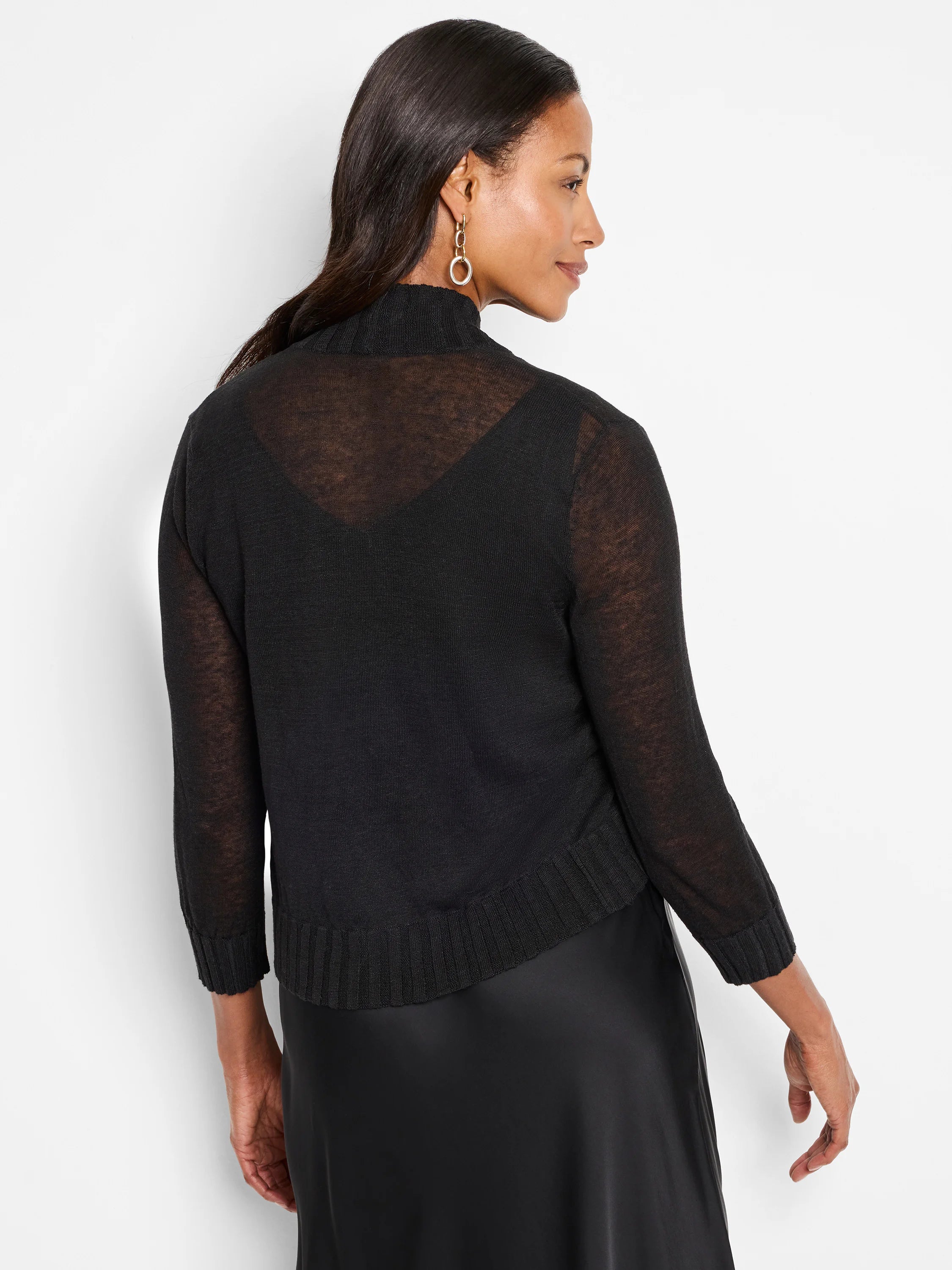 Black sheer bolero cardigan with mock neck, 3/4 sleeves, and ribbed cuffs & hem. Back view.