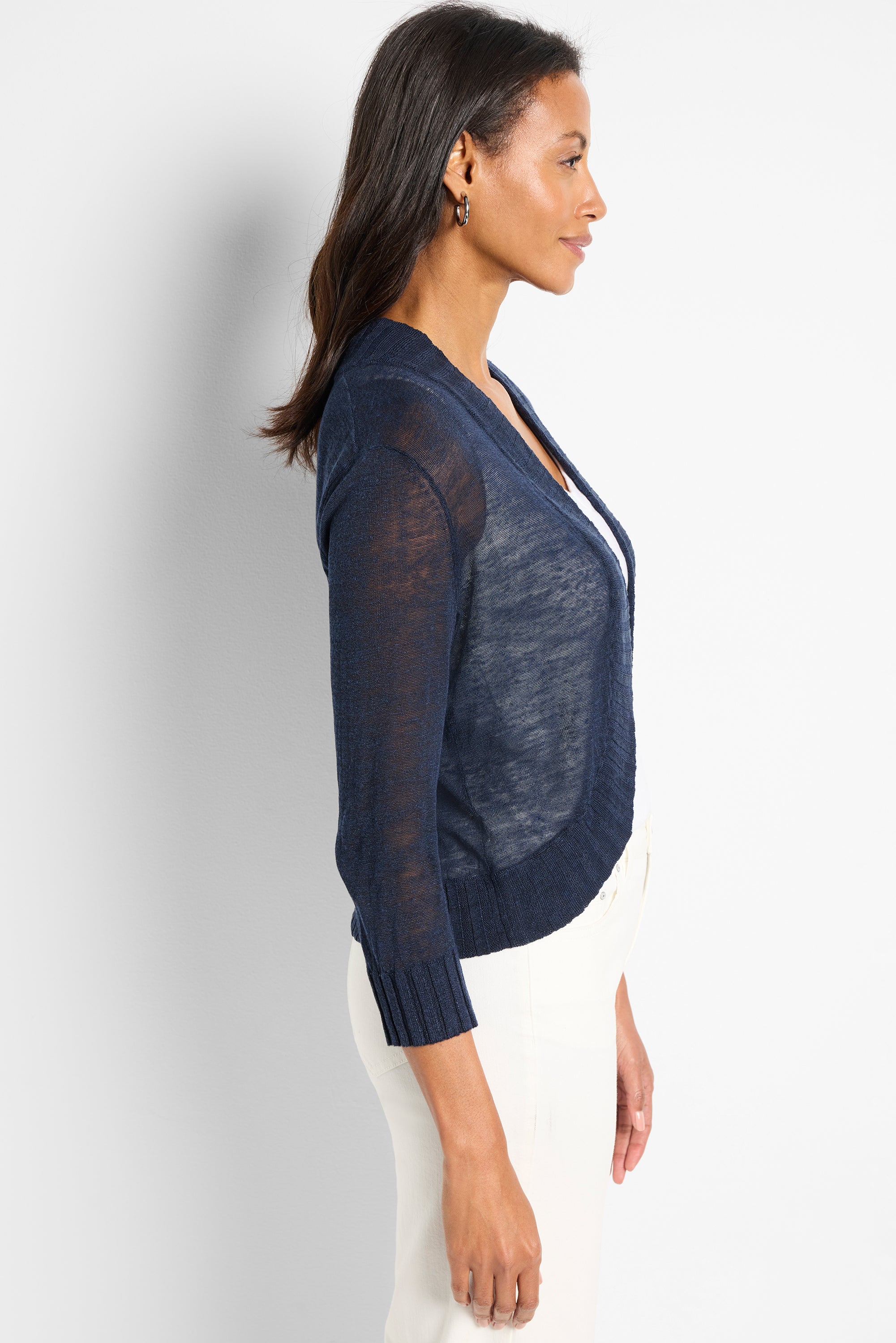 Lightweight sheer navy blue open cardigan featuring 3/4 sleeves and a fitted ribbed hem.
