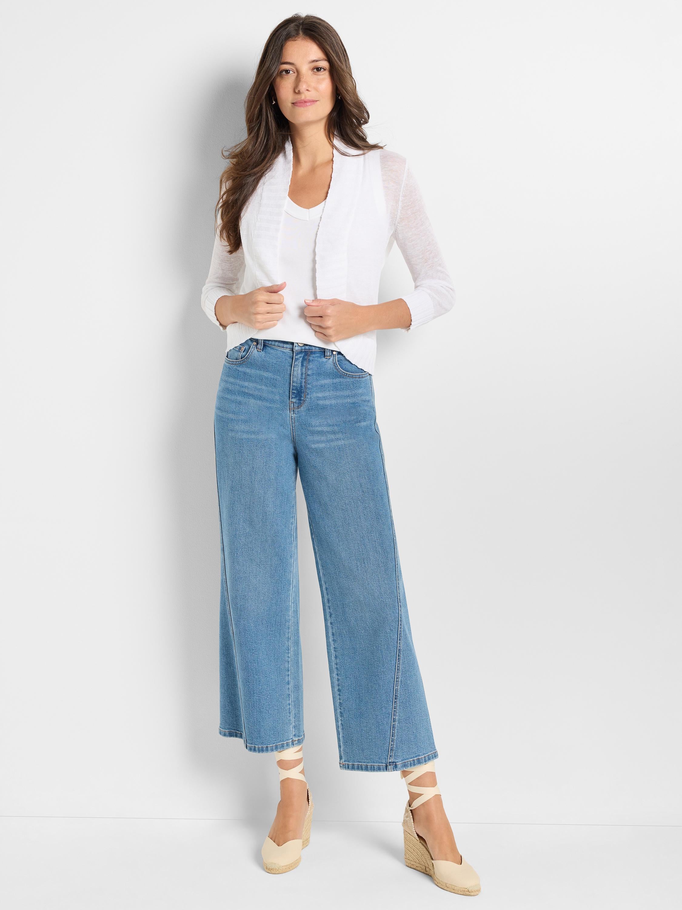 Lightweight white knit shrug with sheer texture, cropped fit, open front, and three-quarter sleeves.