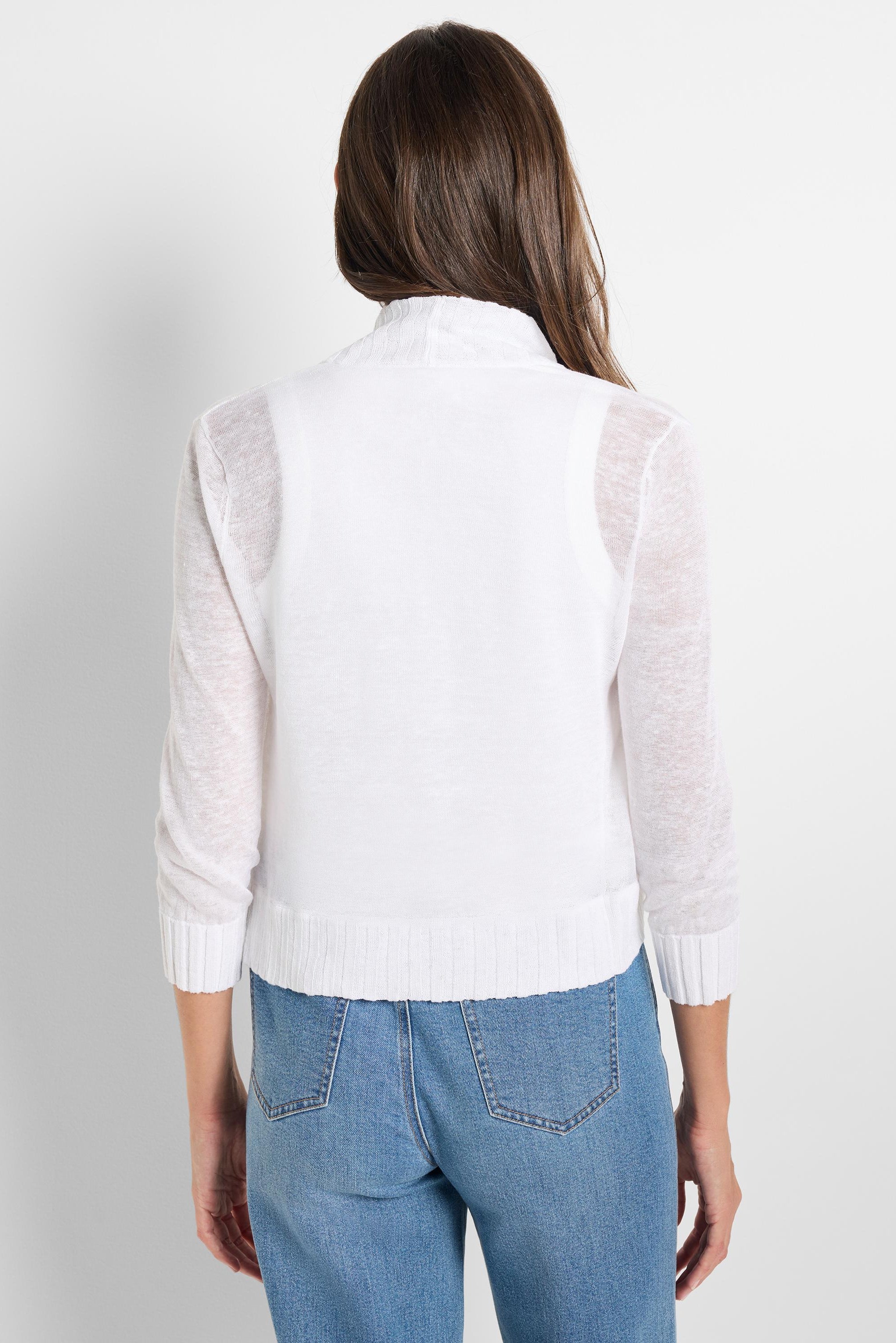 Cropped white sheer knit shrug with 3/4 sleeves, featuring a mock neckline and wide ribbed hem, styled from the back.